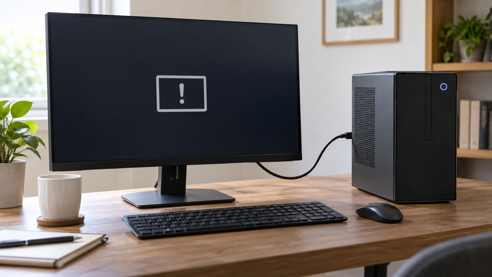 Desktop computer powered on beside a monitor showing a no signal warning icon