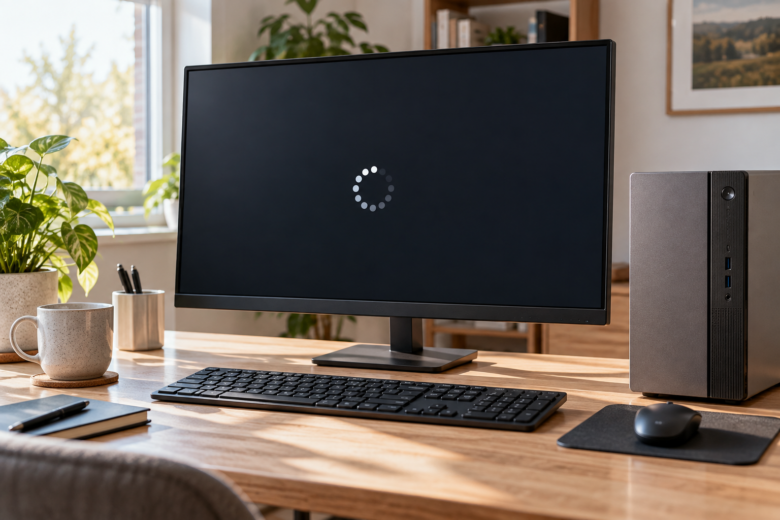 Desktop computer showing a dark startup screen with a loading spinner