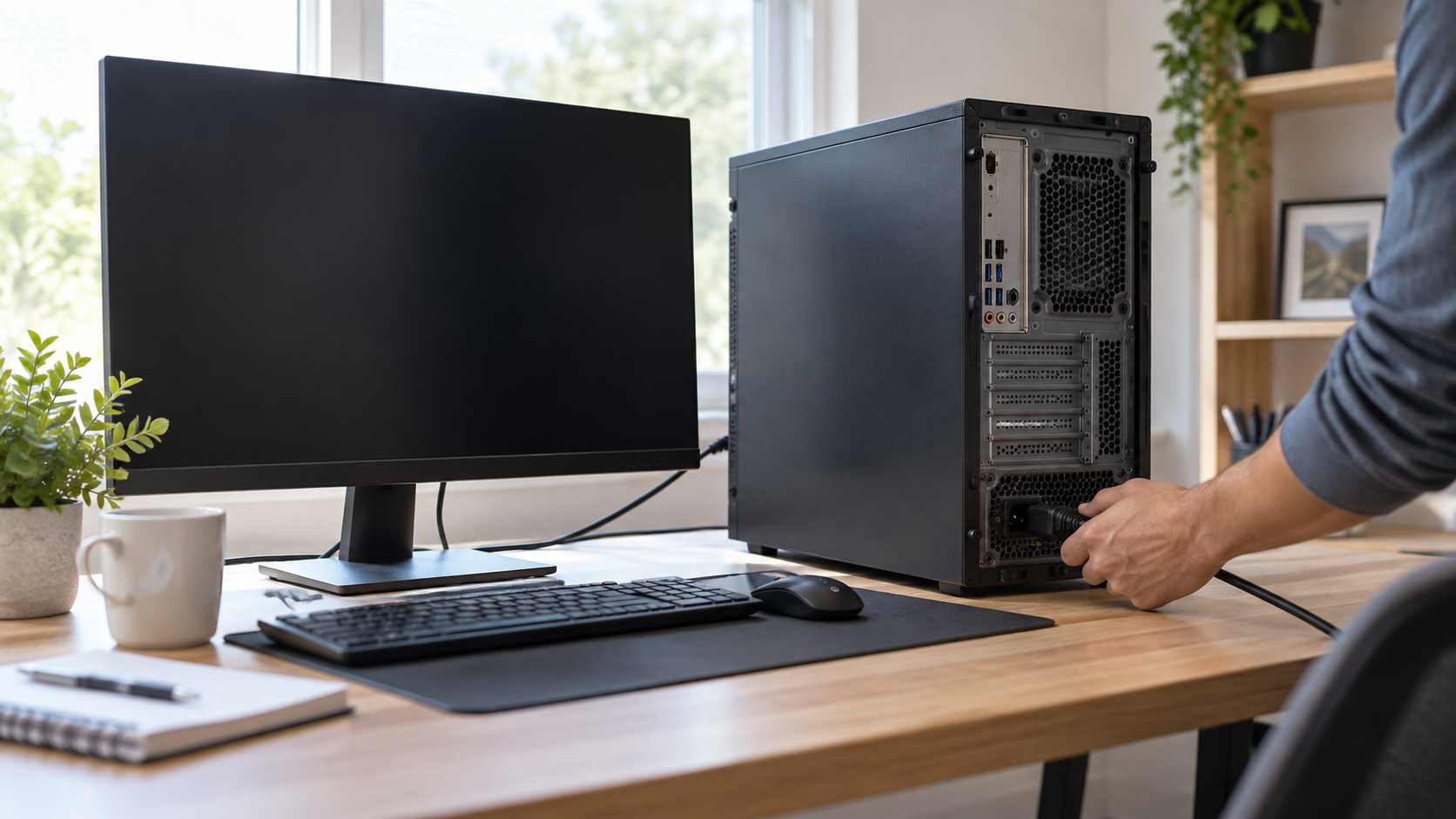 Desktop computer with a blank monitor while a person checks the power cable