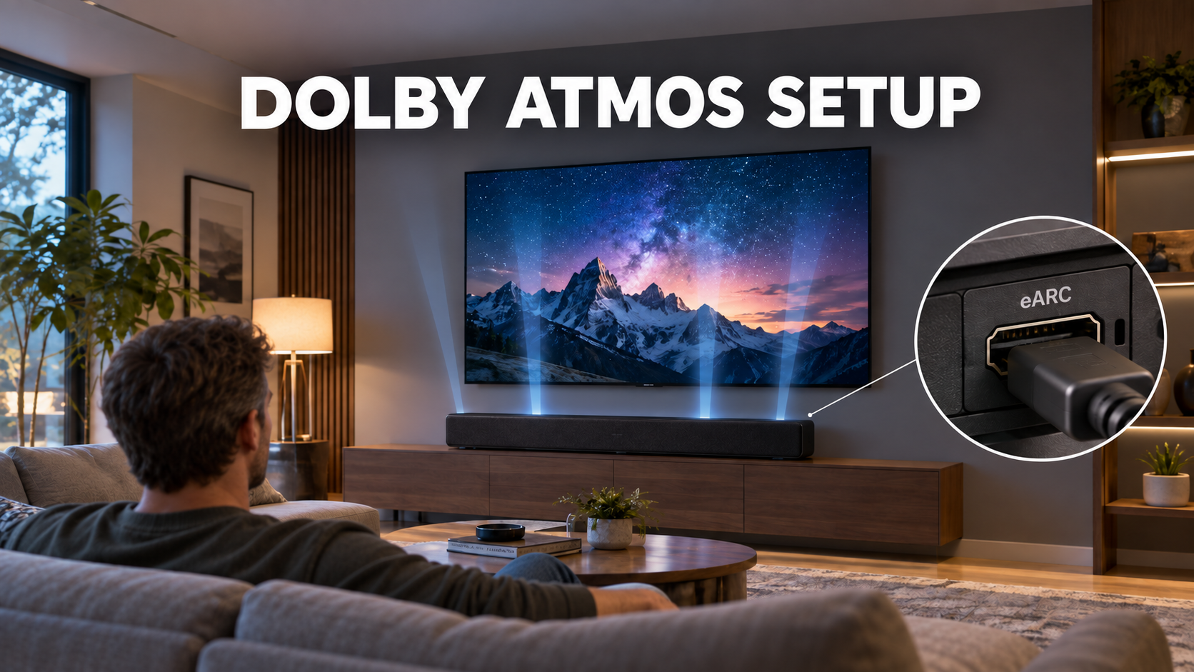 Dolby Atmos soundbar setup with a TV, HDMI eARC connection, and overhead sound