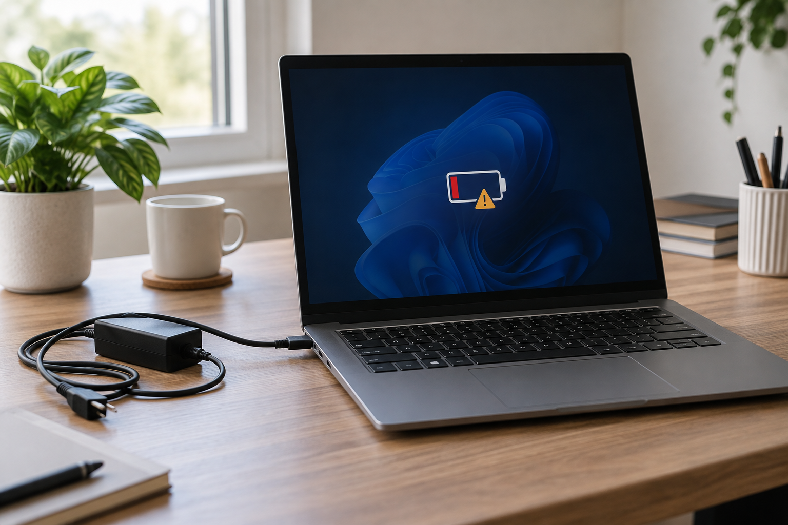 Laptop showing a low battery warning with its charger connected on a home office desk
