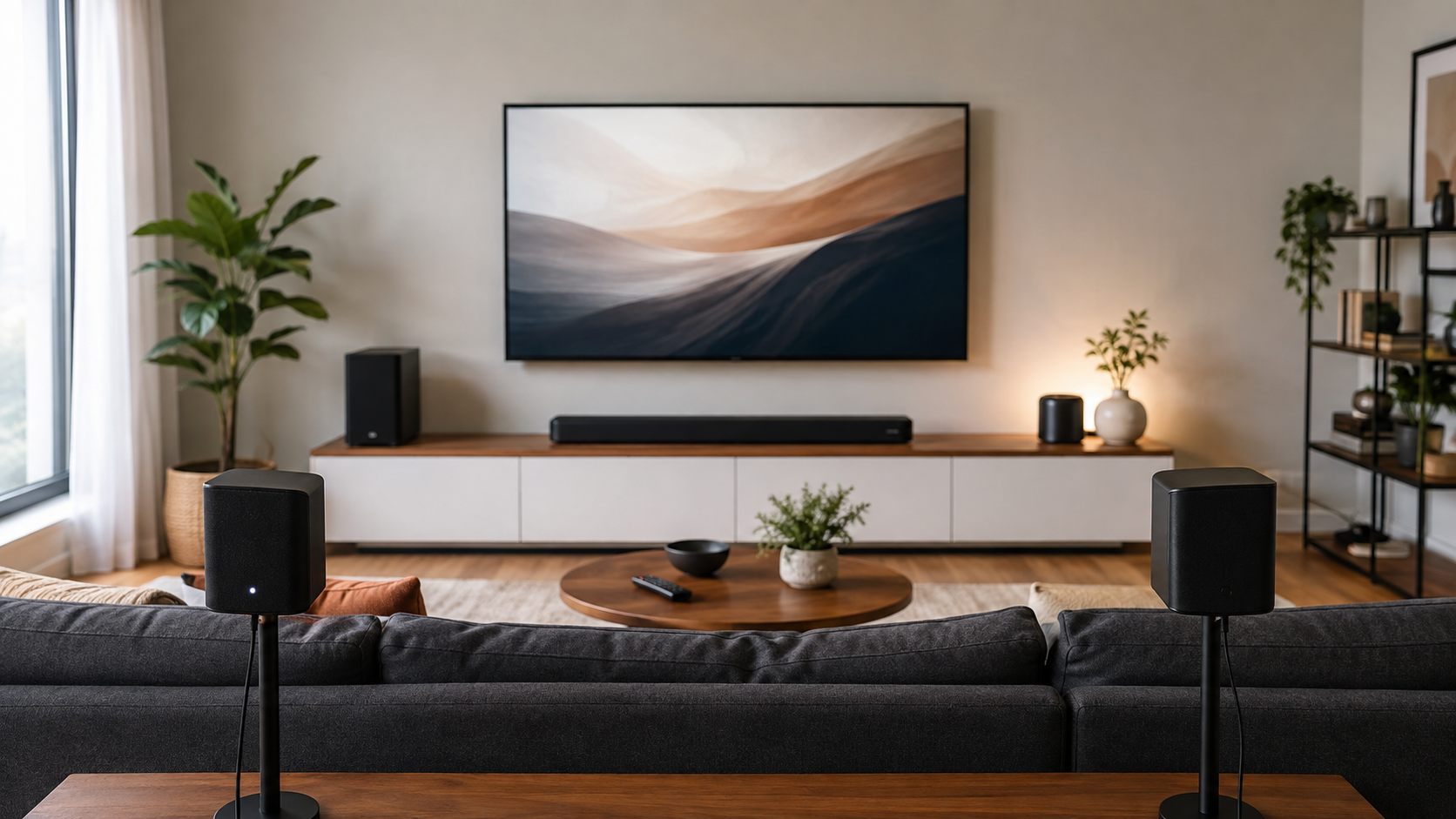 Living-room soundbar system with two rear surround speakers behind a sofa