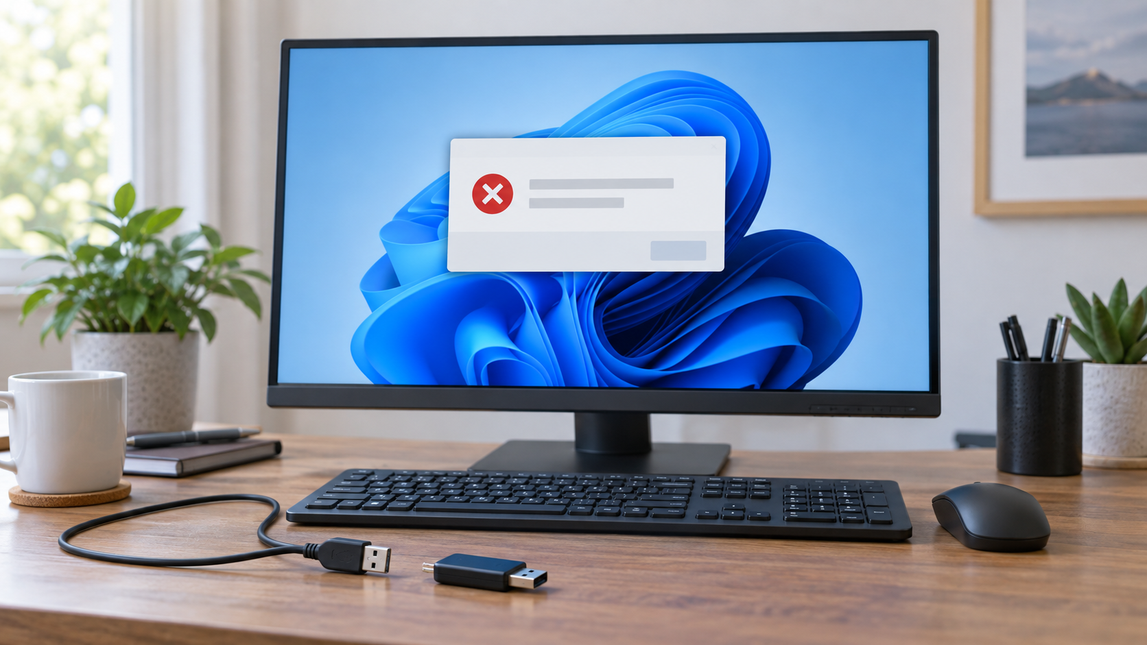 Windows computer showing a USB device not recognized alert beside a USB cable and flash drive