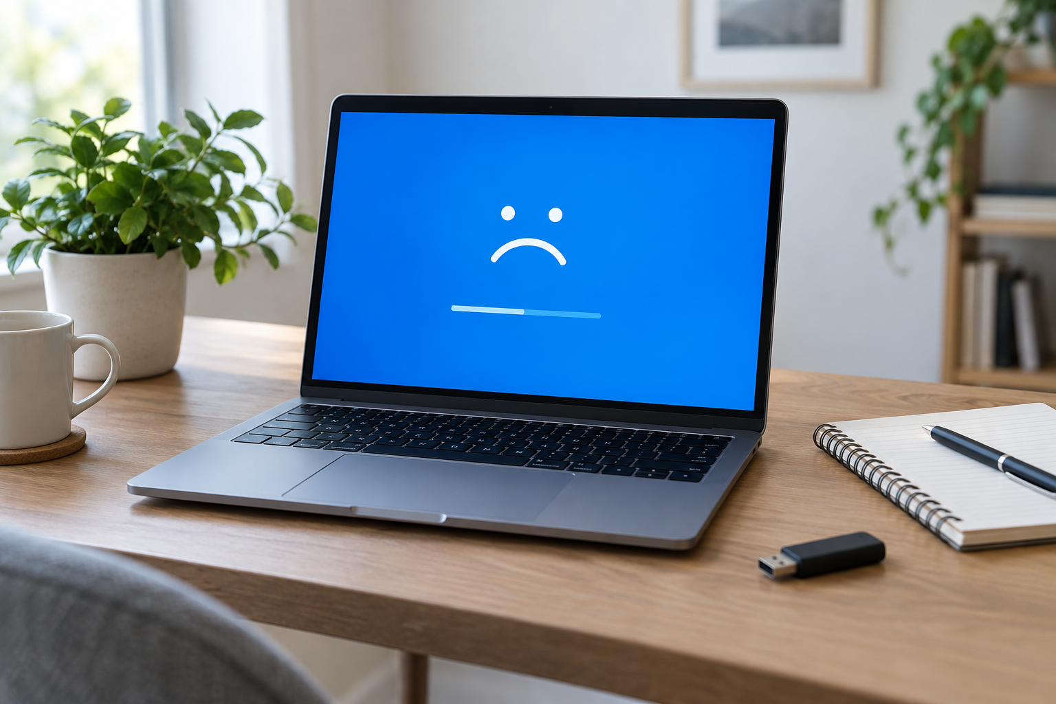 Laptop on a desk showing a generic blue Windows stop error with a sad-face icon