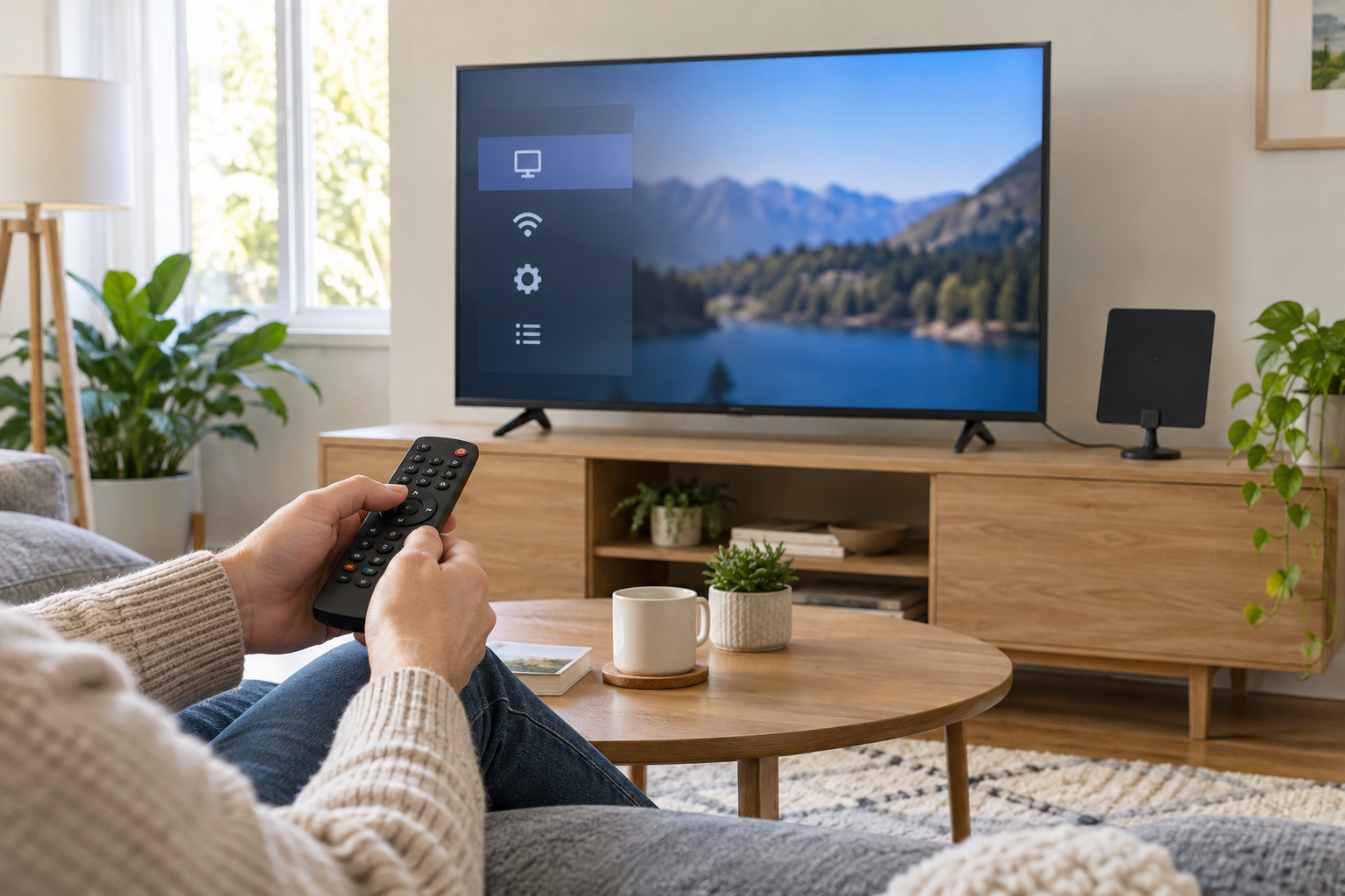 Viewer with a remote near a television and indoor antenna.
