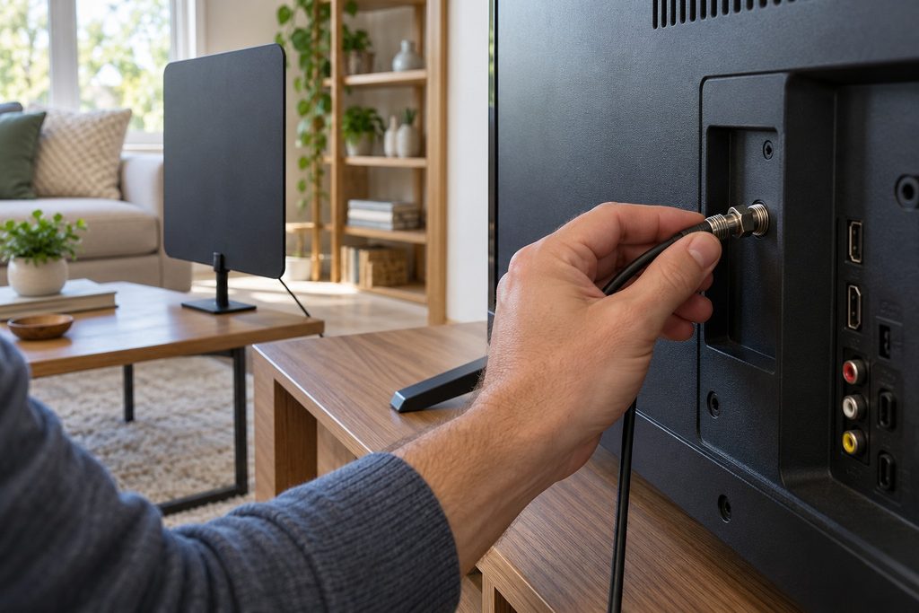 Person checking the coaxial antenna cable connection at the back of a television.