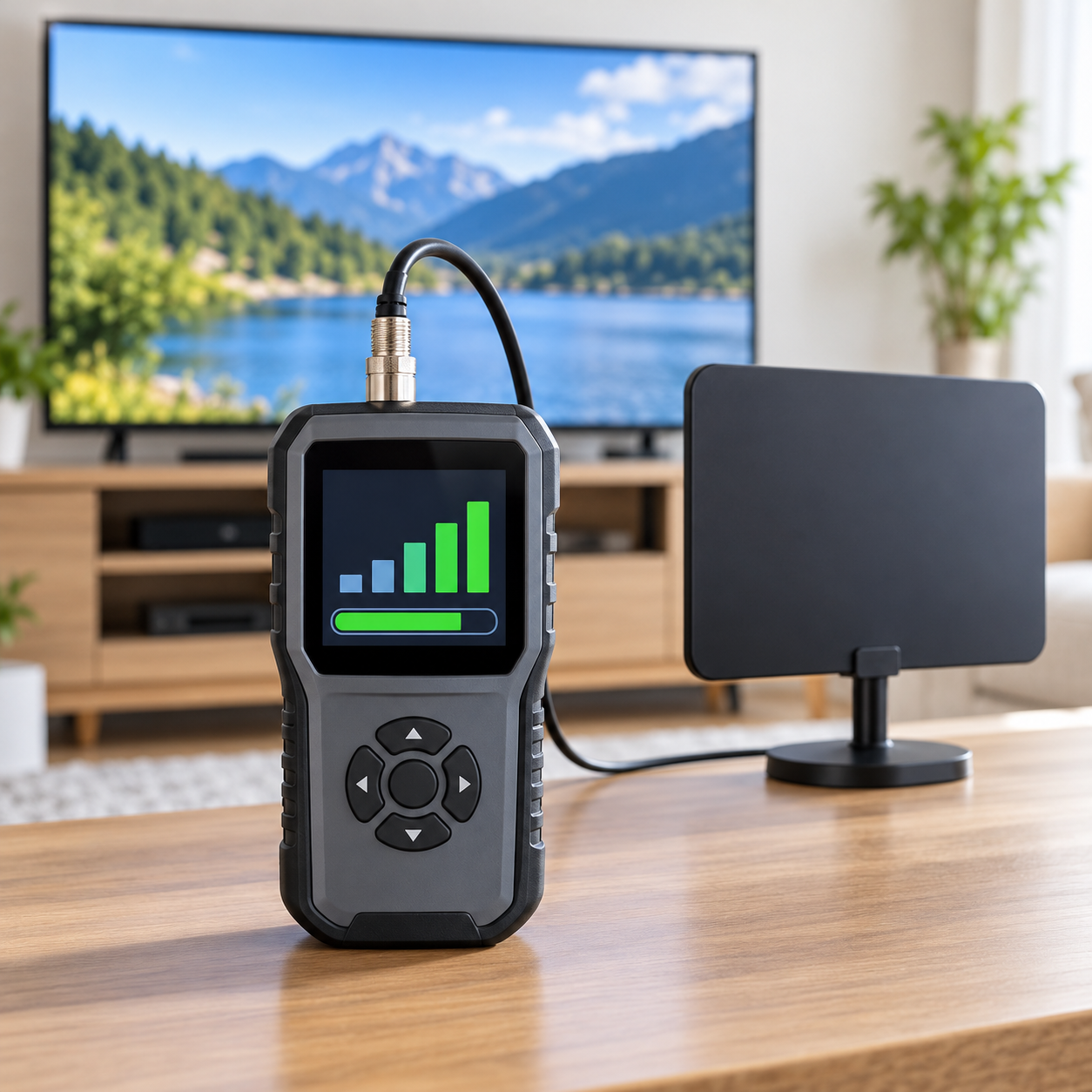 Handheld TV antenna signal meter with an indoor antenna