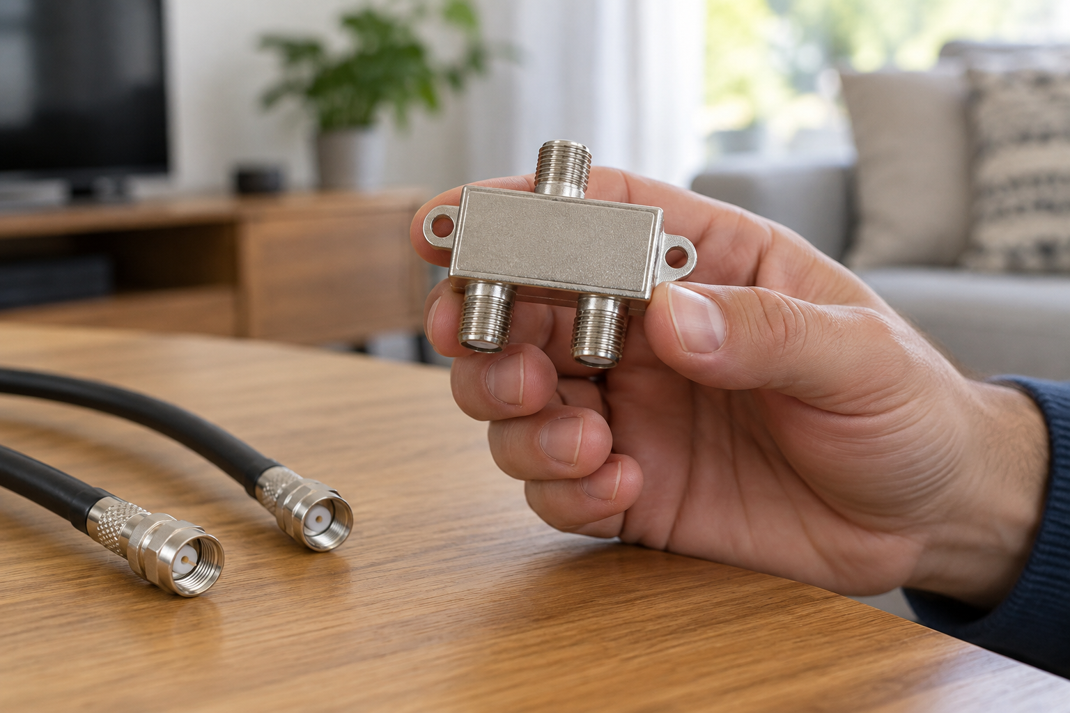 Person holding a two-way coaxial splitter beside antenna cables.