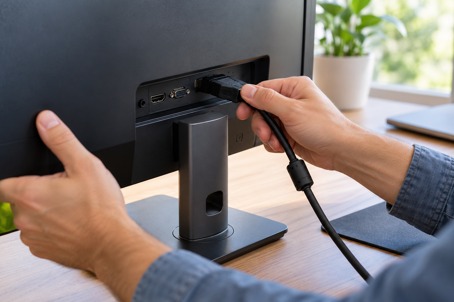 Person checking a cable behind a monitor