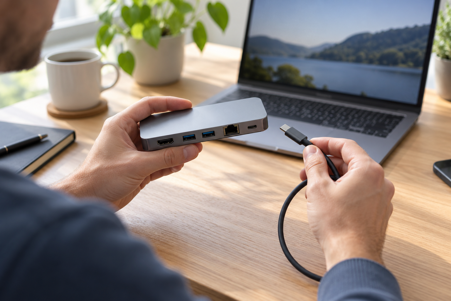 Person inspecting a docking station and USB-C cable