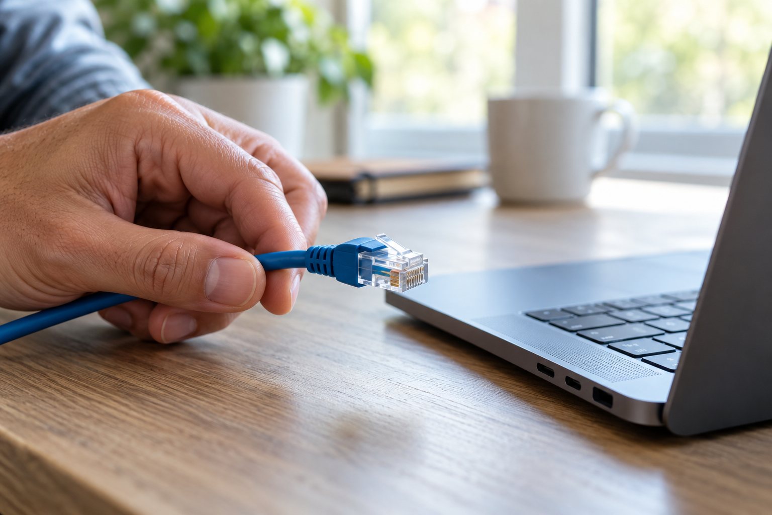 Hand holding an Ethernet cable connector near a laptop