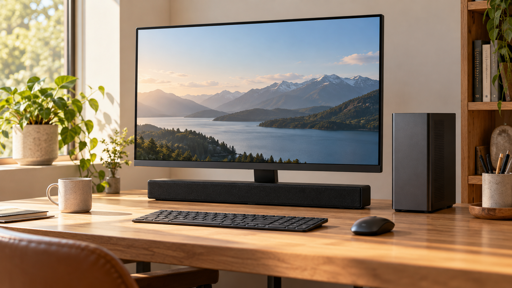 Computer monitor and soundbar on a home office desk