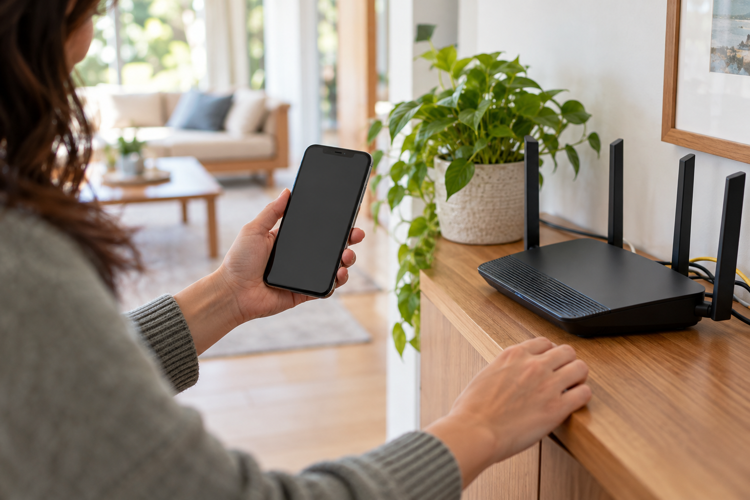 Person checking a phone near a home Wi-Fi router