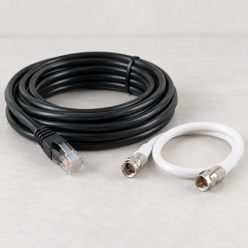 Coiled Ethernet cable and RG6 coaxial cable