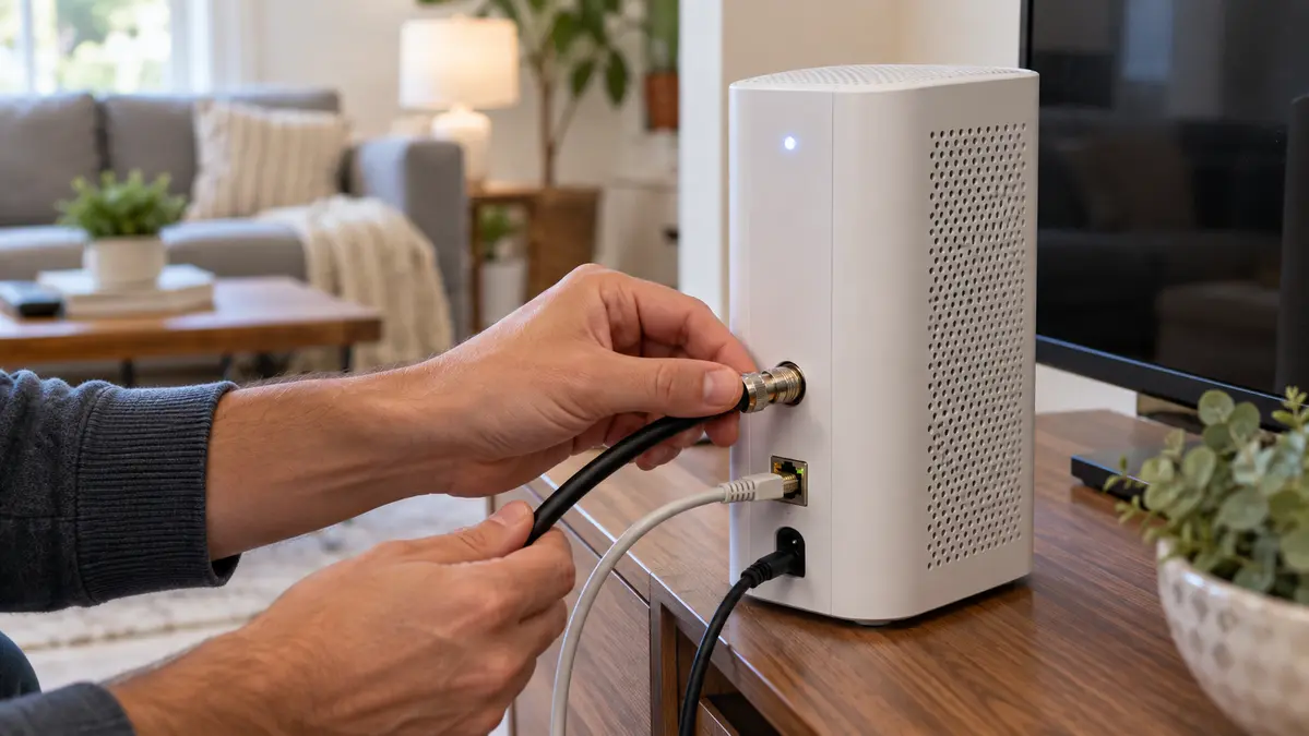 Hands finger-tightening a coaxial cable on a home Wi-Fi gateway with an Ethernet cable connected