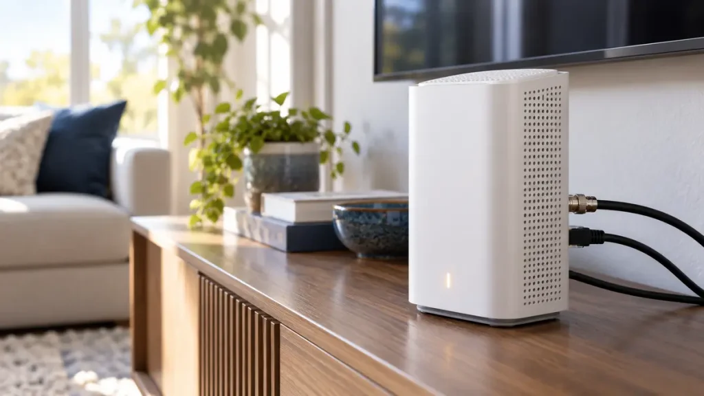 White home Wi-Fi gateway connected to coaxial and Ethernet cables on a media console